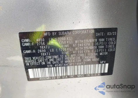 2023 Subaru Outback Limited из США, поврежденный, VIN 4S4BTANC9P3199417